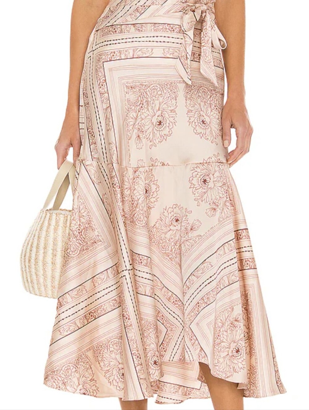🤎FP Lg Hampton Wrap Skirt Latte Beige Floral Printed Satin A-Line Boho Festival